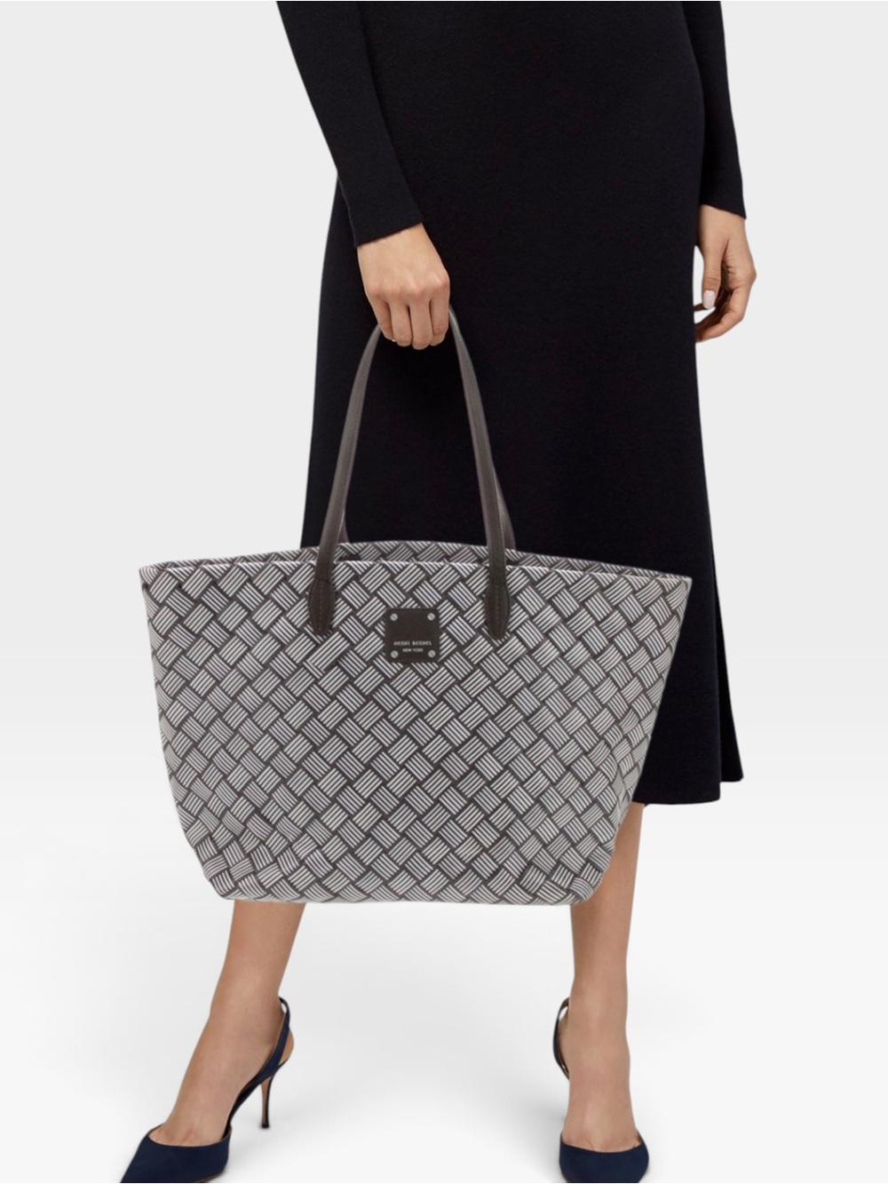 Henri Bendel Large Woven Centennial Stripe Market Tote Bag Chocolate Brown Ivory